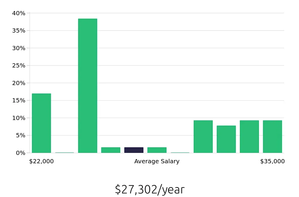 Graph depicting the yearly salary distribution for Store Associate jobs in Rogers, AR, showing an average salary of $27,302 with varying distribution percentages across salary ranges.