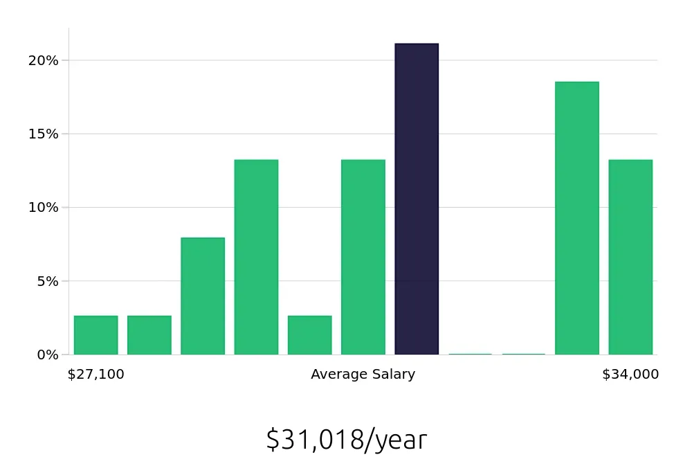 Graph depicting the yearly salary distribution for Store Associate jobs in Rowlett, TX, showing an average salary of $31,018 with varying distribution percentages across salary ranges.