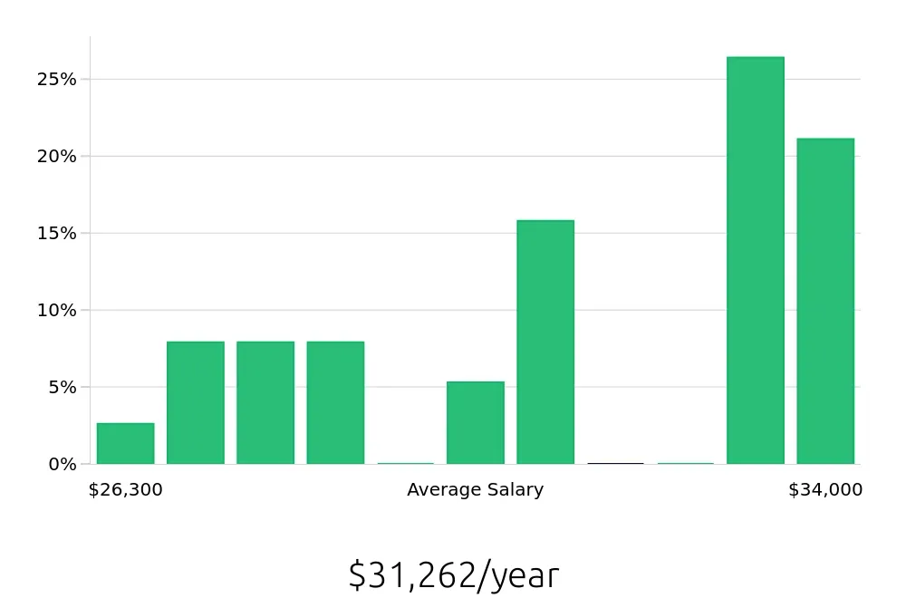Graph depicting the yearly salary distribution for Store Associate jobs in Saint Johns, FL, showing an average salary of $31,262 with varying distribution percentages across salary ranges.