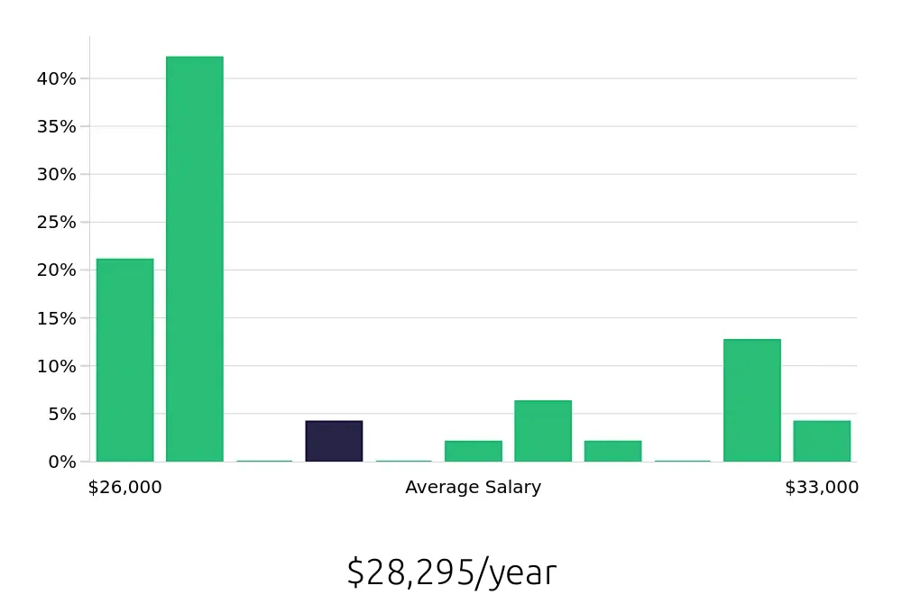 Graph depicting the yearly salary distribution for Store Associate jobs in Salem, VA, showing an average salary of $28,295 with varying distribution percentages across salary ranges.