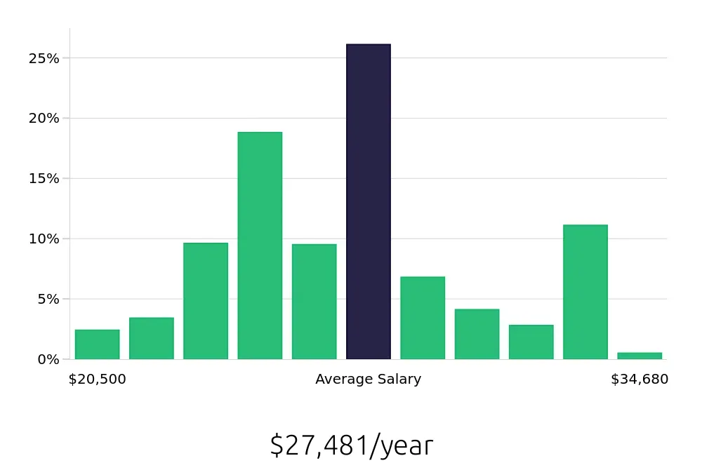 Graph depicting the yearly salary distribution for Store Associate jobs in San Antonio, TX, showing an average salary of $27,481 with varying distribution percentages across salary ranges.