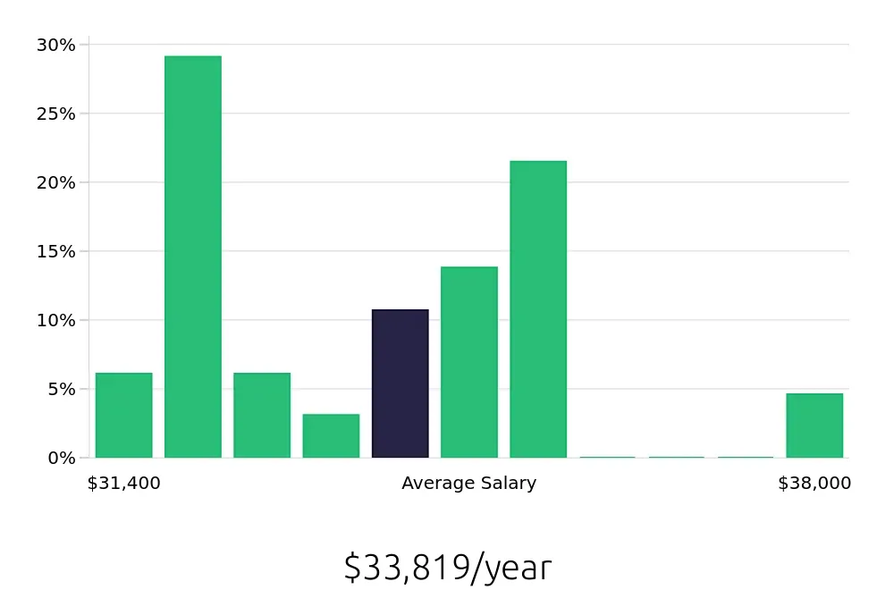 Graph depicting the yearly salary distribution for Store Associate jobs in San Bernardino, CA, showing an average salary of $33,819 with varying distribution percentages across salary ranges.