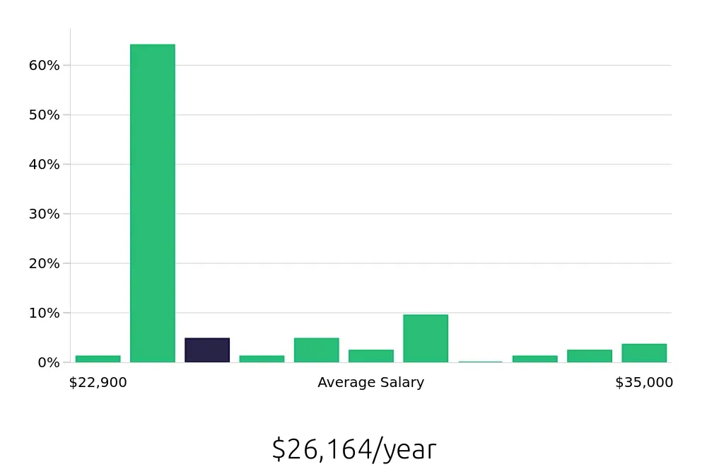 Graph depicting the yearly salary distribution for Store Associate jobs in Strongsville, OH, showing an average salary of $26,164 with varying distribution percentages across salary ranges.