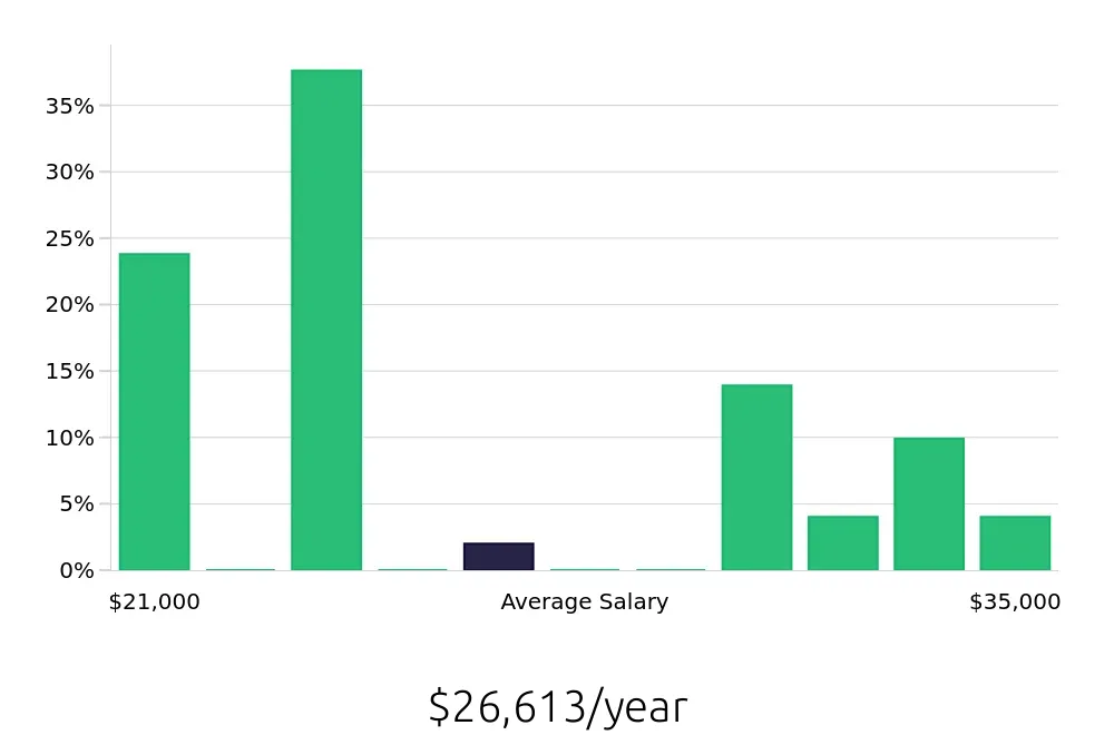 Graph depicting the yearly salary distribution for Store Associate jobs in Wichita Falls, TX, showing an average salary of $26,613 with varying distribution percentages across salary ranges.