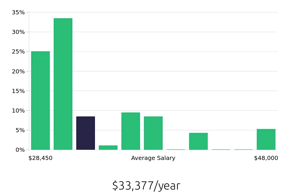 Graph depicting the yearly salary distribution for Store Manager jobs in Bellevue, NE, showing an average salary of $33,377 with varying distribution percentages across salary ranges.