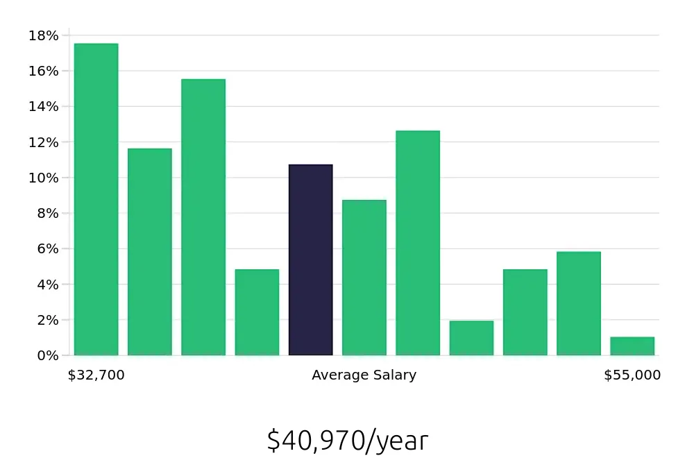 Graph depicting the yearly salary distribution for Store Manager jobs in Cheektowaga, NY, showing an average salary of $40,970 with varying distribution percentages across salary ranges.
