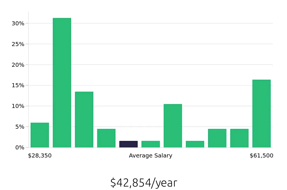 Graph depicting the yearly salary distribution for Store Manager jobs in Hilliard, OH, showing an average salary of $42,854 with varying distribution percentages across salary ranges.