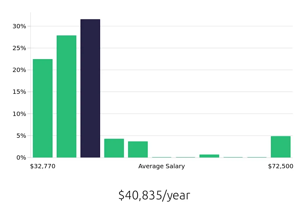 Graph depicting the yearly salary distribution for Store Manager jobs in South Burlington, VT, showing an average salary of $40,835 with varying distribution percentages across salary ranges.