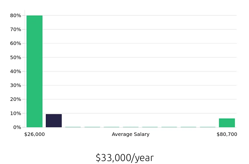 Graph depicting the yearly salary distribution for Tax Preparer jobs in Carson City, NV, showing an average salary of $33,000 with varying distribution percentages across salary ranges.
