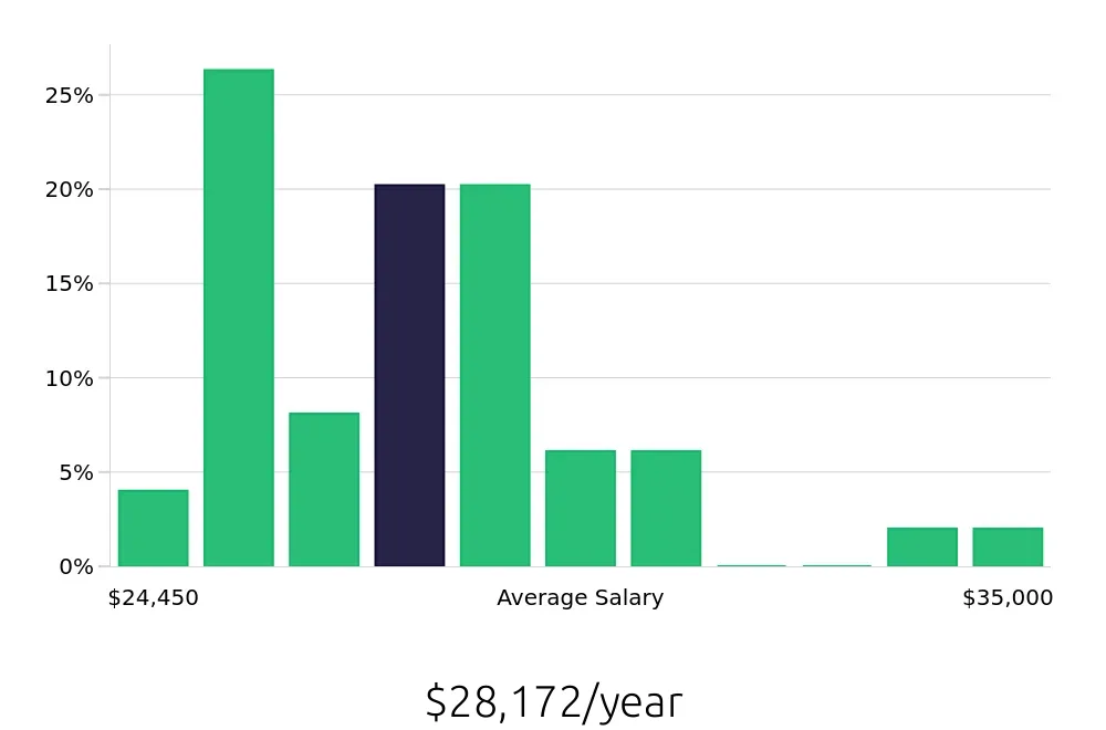 Graph depicting the yearly salary distribution for Team Member jobs in Addison, IL, showing an average salary of $28,172 with varying distribution percentages across salary ranges.