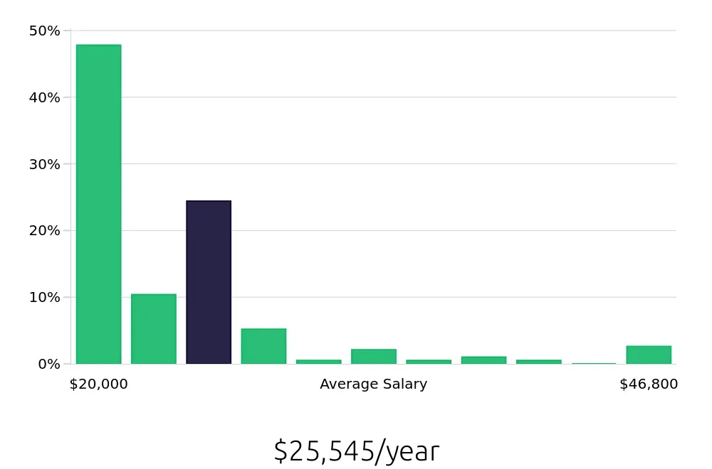 Graph depicting the yearly salary distribution for Team Member jobs in Albany, GA, showing an average salary of $25,545 with varying distribution percentages across salary ranges.