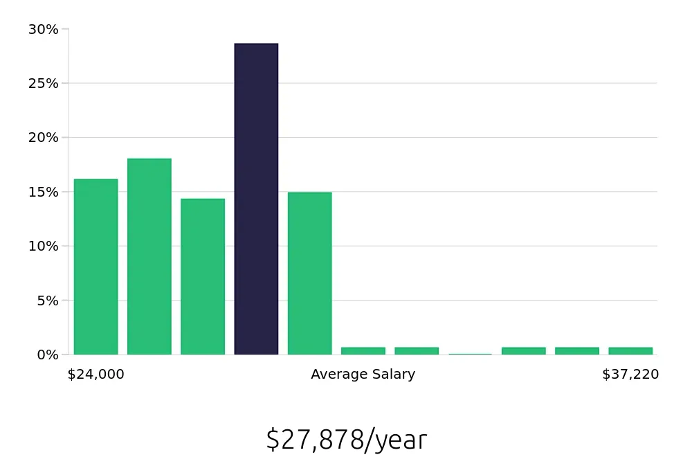 Graph depicting the yearly salary distribution for Team Member jobs in Albert Lea, MN, showing an average salary of $27,878 with varying distribution percentages across salary ranges.