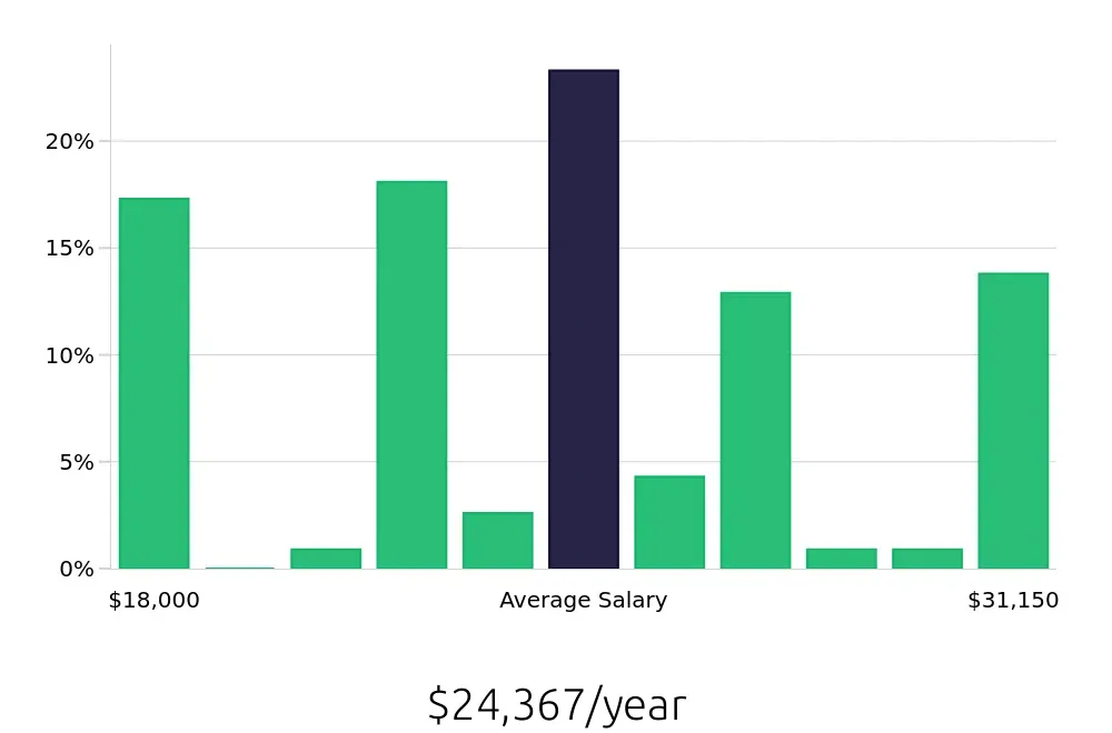 Graph depicting the yearly salary distribution for Team Member jobs in Alcoa, TN, showing an average salary of $24,367 with varying distribution percentages across salary ranges.