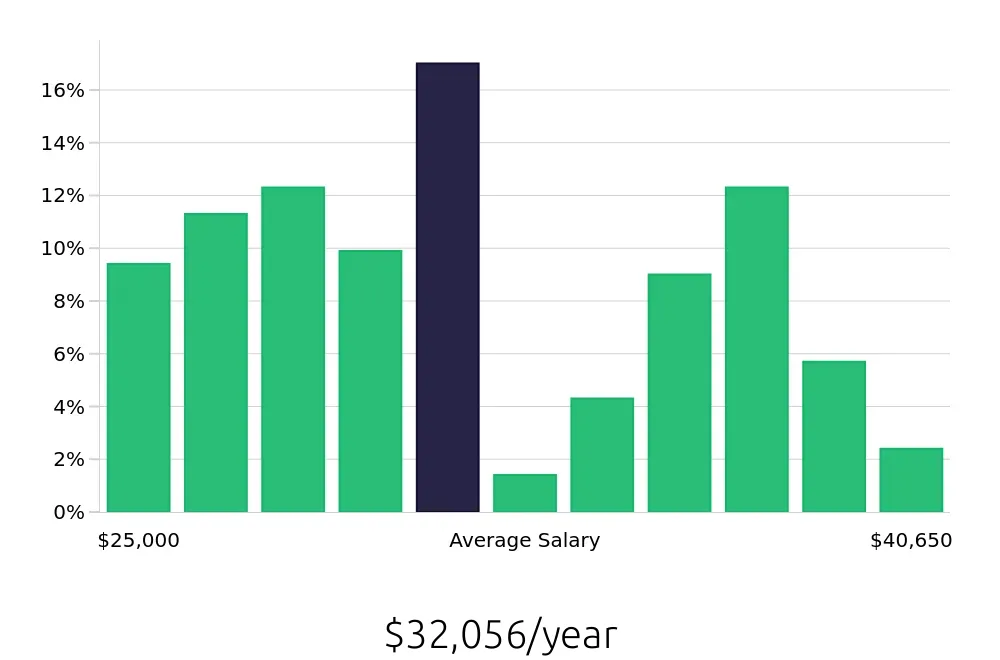 Graph depicting the yearly salary distribution for Team Member jobs in Ashburn, VA, showing an average salary of $32,056 with varying distribution percentages across salary ranges.