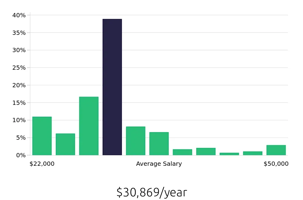 Graph depicting the yearly salary distribution for Team Member jobs in Asheville, NC, showing an average salary of $30,869 with varying distribution percentages across salary ranges.