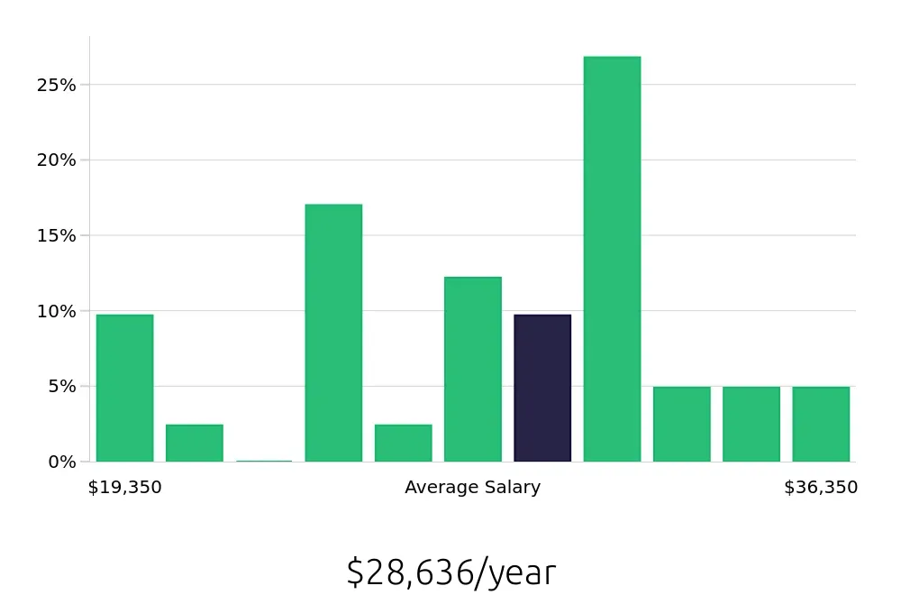 Graph depicting the yearly salary distribution for Team Member jobs in Bayonne, NJ, showing an average salary of $28,636 with varying distribution percentages across salary ranges.
