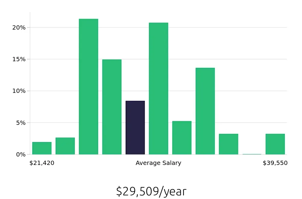 Graph depicting the yearly salary distribution for Team Member jobs in Bismarck, ND, showing an average salary of $29,509 with varying distribution percentages across salary ranges.