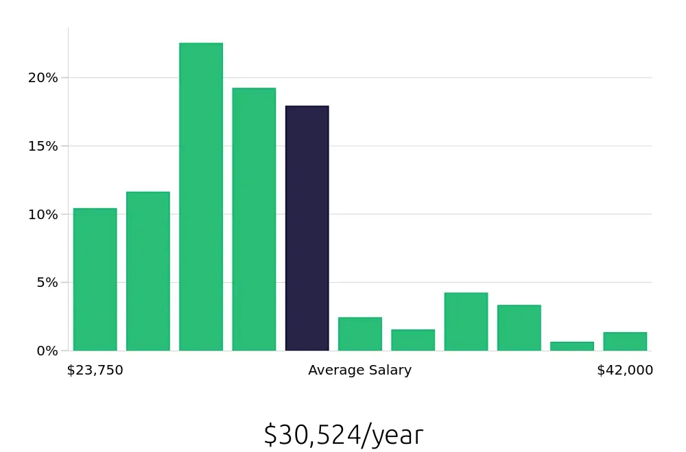 Graph depicting the yearly salary distribution for Team Member jobs in Boise, ID, showing an average salary of $30,524 with varying distribution percentages across salary ranges.
