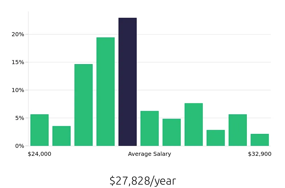 Graph depicting the yearly salary distribution for Team Member jobs in Branson, MO, showing an average salary of $27,828 with varying distribution percentages across salary ranges.
