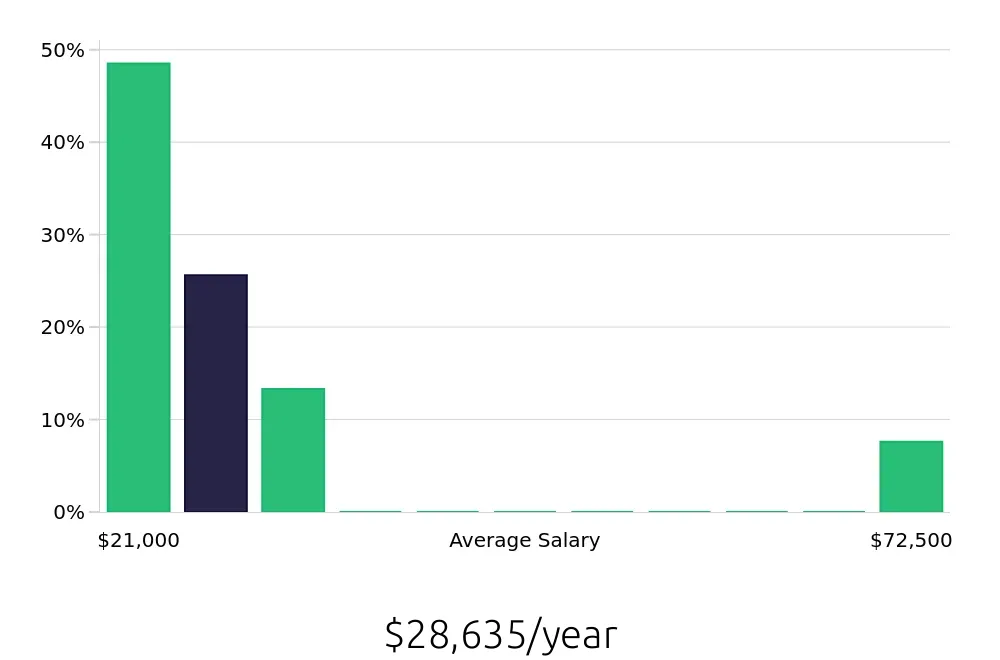 Graph depicting the yearly salary distribution for Team Member jobs in Buda, TX, showing an average salary of $28,635 with varying distribution percentages across salary ranges.
