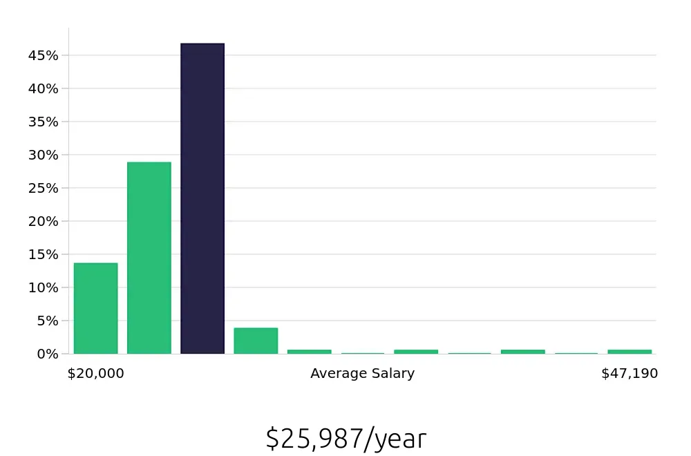 Graph depicting the yearly salary distribution for Team Member jobs in Burlington, NC, showing an average salary of $25,987 with varying distribution percentages across salary ranges.