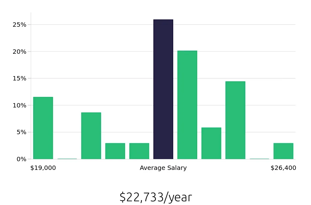 Graph depicting the yearly salary distribution for Team Member jobs in Camden, SC, showing an average salary of $22,733 with varying distribution percentages across salary ranges.