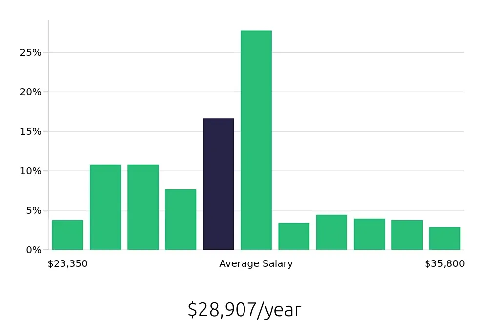 Graph depicting the yearly salary distribution for Team Member jobs in Carmel, IN, showing an average salary of $28,907 with varying distribution percentages across salary ranges.