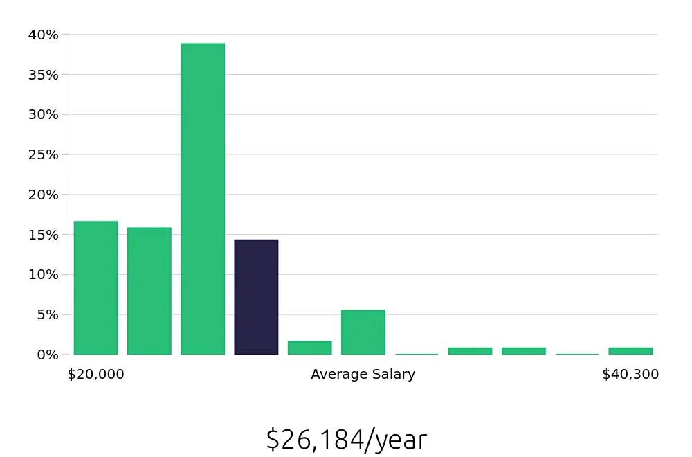 Graph depicting the yearly salary distribution for Team Member jobs in Cedar Hill, TX, showing an average salary of $26,184 with varying distribution percentages across salary ranges.