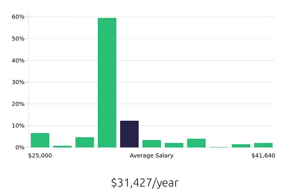 Graph depicting the yearly salary distribution for Team Member jobs in Cicero, NY, showing an average salary of $31,427 with varying distribution percentages across salary ranges.
