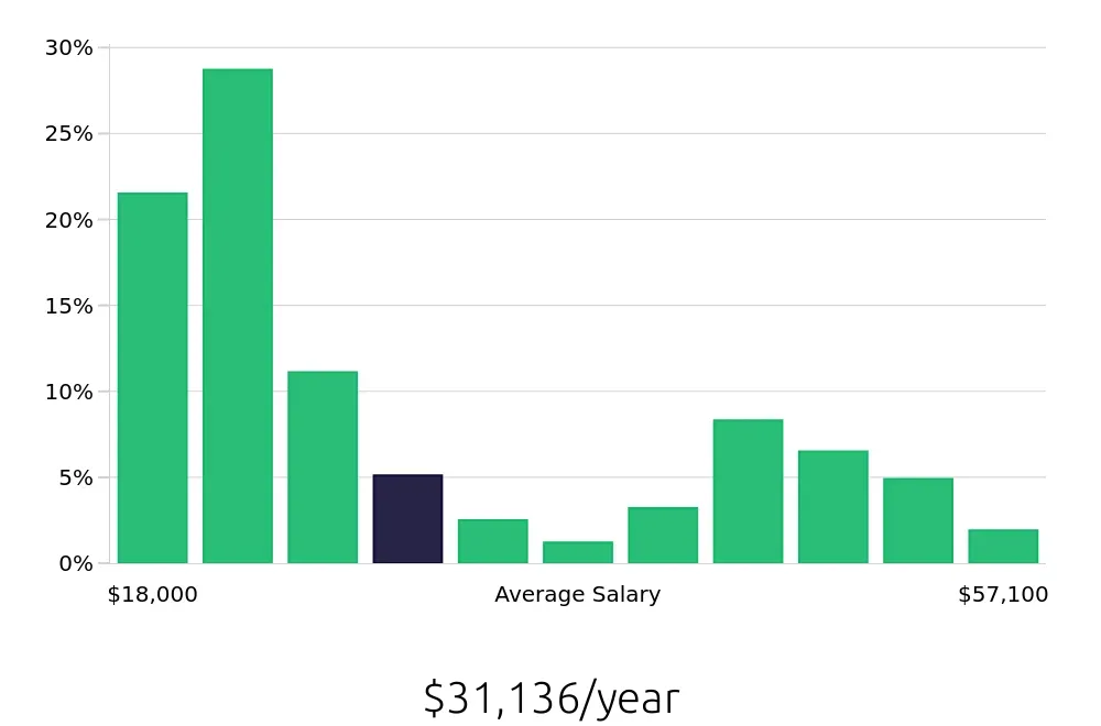 Graph depicting the yearly salary distribution for Team Member jobs in Columbus, GA, showing an average salary of $31,136 with varying distribution percentages across salary ranges.