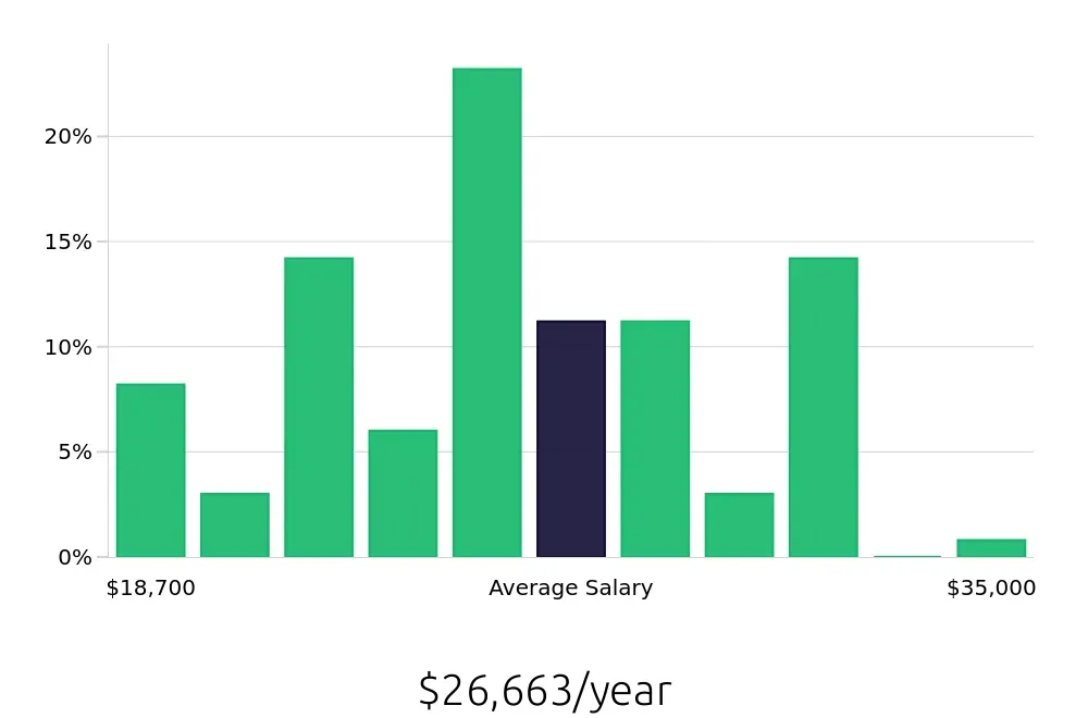 Graph depicting the yearly salary distribution for Team Member jobs in Coppell, TX, showing an average salary of $26,663 with varying distribution percentages across salary ranges.