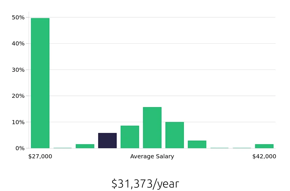 Graph depicting the yearly salary distribution for Team Member jobs in Coral Gables, FL, showing an average salary of $31,373 with varying distribution percentages across salary ranges.