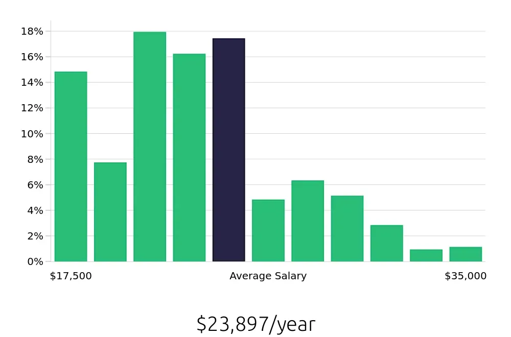 Graph depicting the yearly salary distribution for Team Member jobs in Corpus Christi, TX, showing an average salary of $23,897 with varying distribution percentages across salary ranges.