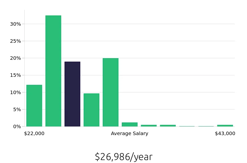 Graph depicting the yearly salary distribution for Team Member jobs in Council Bluffs, IA, showing an average salary of $26,986 with varying distribution percentages across salary ranges.