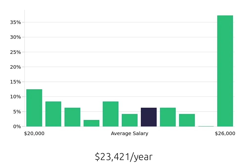 Graph depicting the yearly salary distribution for Team Member jobs in DeSoto, TX, showing an average salary of $23,421 with varying distribution percentages across salary ranges.