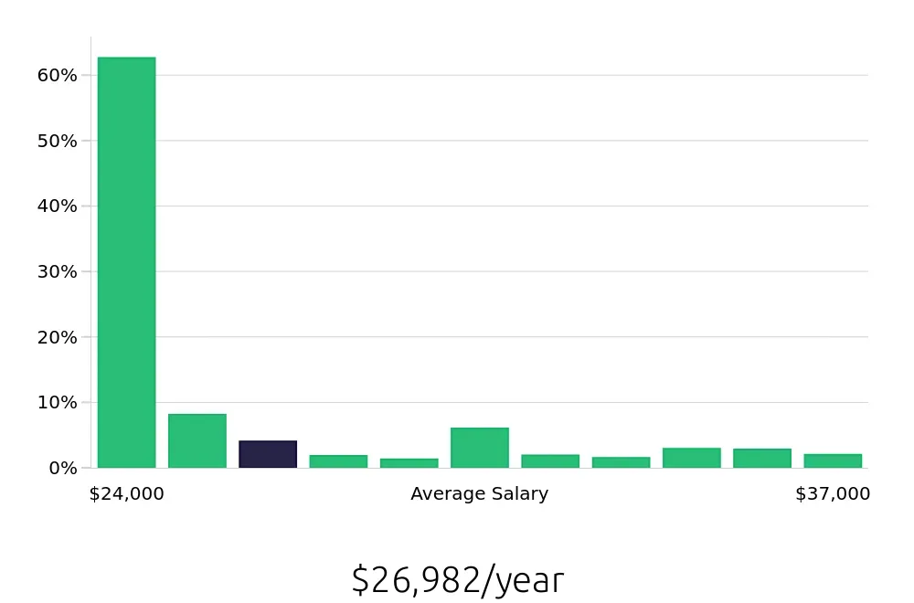 Graph depicting the yearly salary distribution for Team Member jobs in Detroit, MI, showing an average salary of $26,982 with varying distribution percentages across salary ranges.