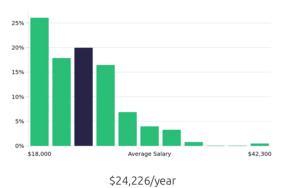 Graph depicting the yearly salary distribution for Team Member jobs in Dothan, AL, showing an average salary of $24,226 with varying distribution percentages across salary ranges.