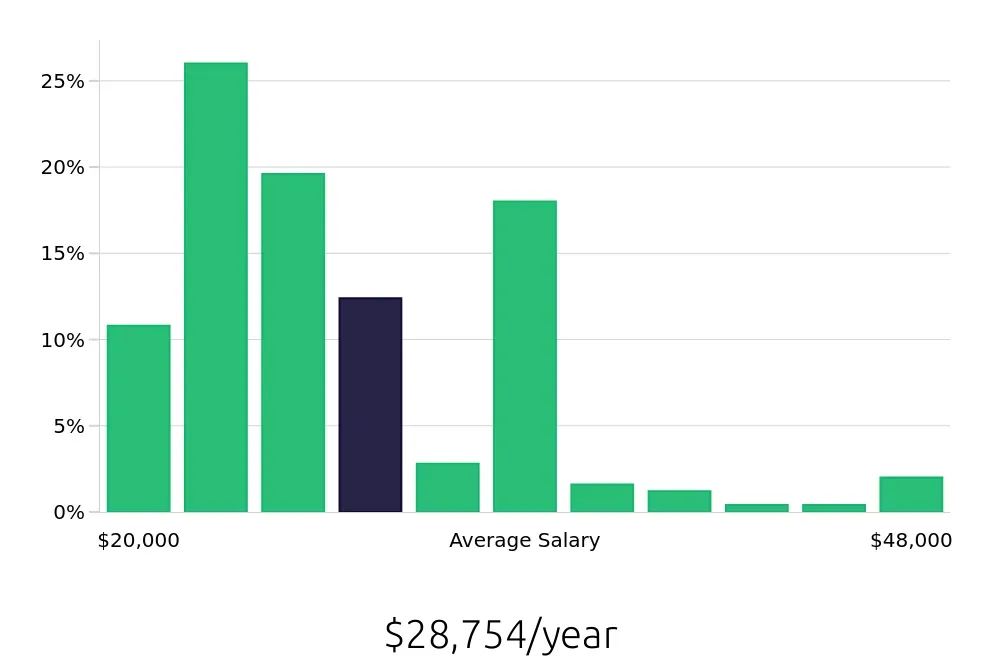 Graph depicting the yearly salary distribution for Team Member jobs in Duluth, GA, showing an average salary of $28,754 with varying distribution percentages across salary ranges.