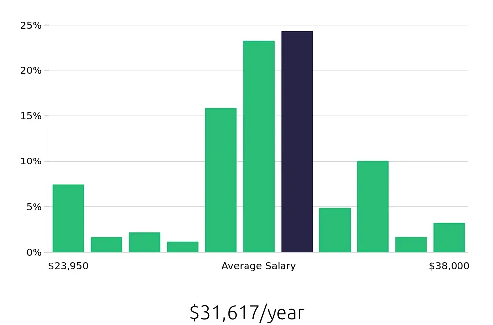 Graph depicting the yearly salary distribution for Team Member jobs in Duluth, MN, showing an average salary of $31,617 with varying distribution percentages across salary ranges.