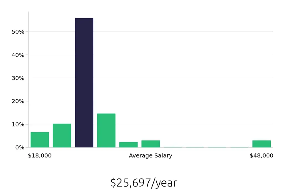 Graph depicting the yearly salary distribution for Team Member jobs in Easley, SC, showing an average salary of $25,697 with varying distribution percentages across salary ranges.