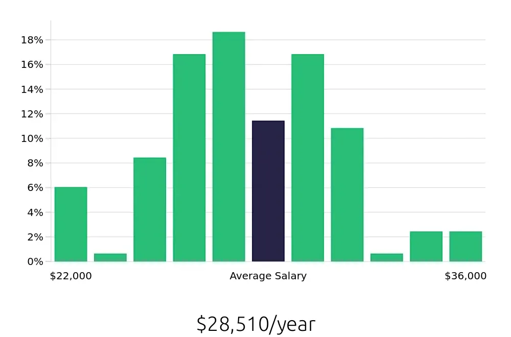 Graph depicting the yearly salary distribution for Team Member jobs in Elgin, IL, showing an average salary of $28,510 with varying distribution percentages across salary ranges.