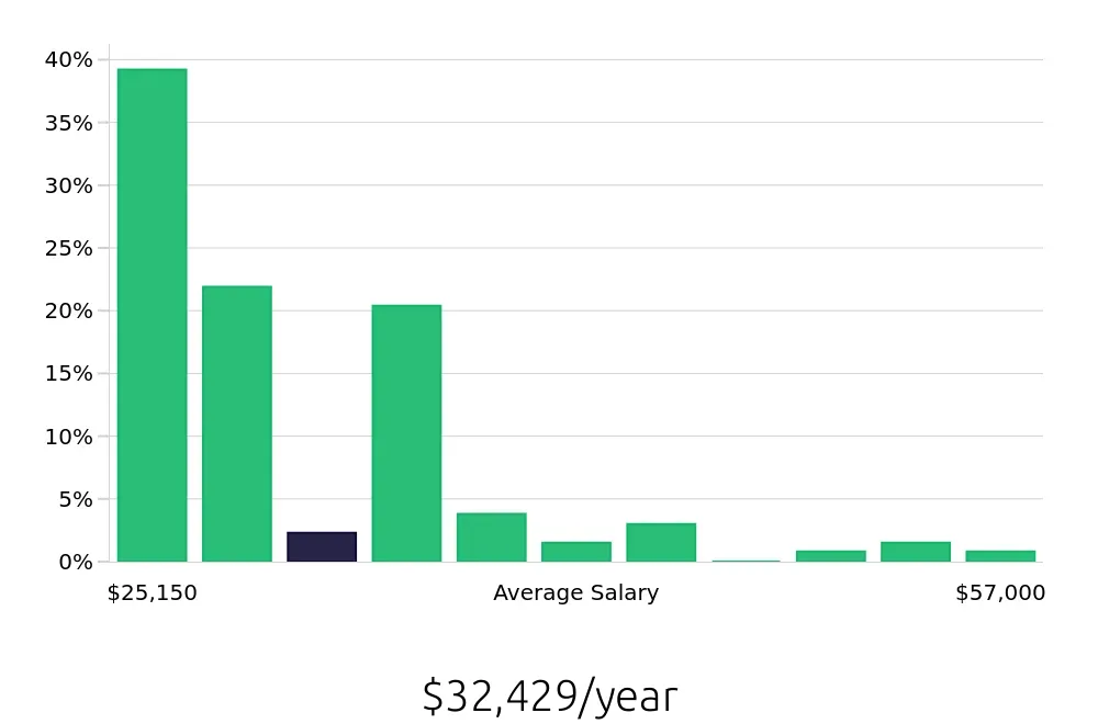 Graph depicting the yearly salary distribution for Team Member jobs in Elmhurst, IL, showing an average salary of $32,429 with varying distribution percentages across salary ranges.