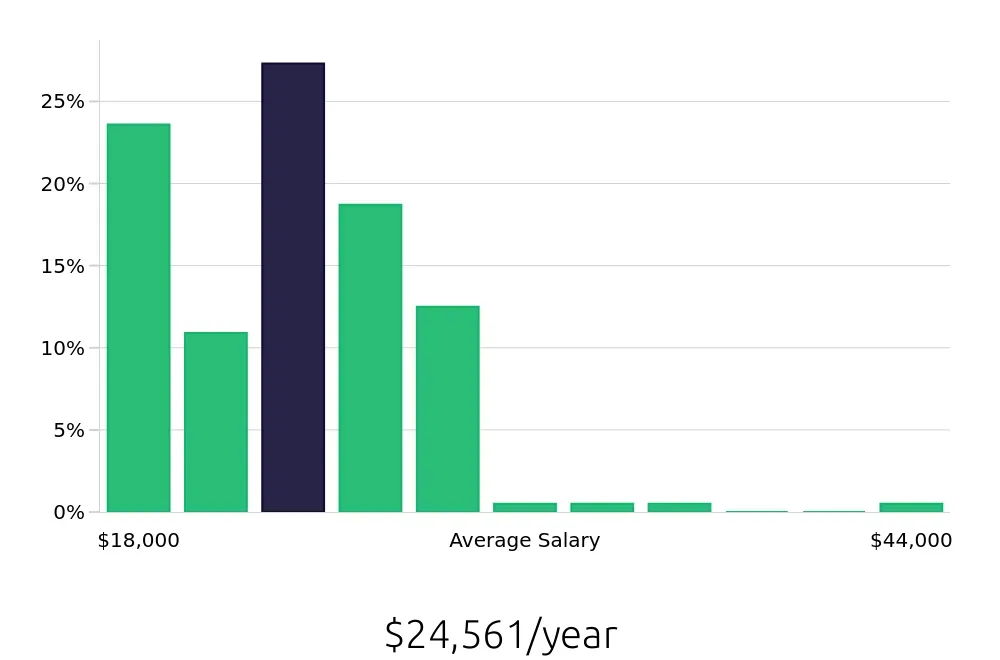Graph depicting the yearly salary distribution for Team Member jobs in Fayetteville, NC, showing an average salary of $24,561 with varying distribution percentages across salary ranges.