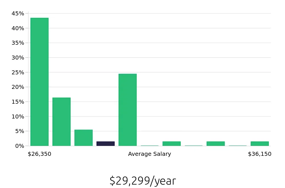 Graph depicting the yearly salary distribution for Team Member jobs in Fenton, MI, showing an average salary of $29,299 with varying distribution percentages across salary ranges.
