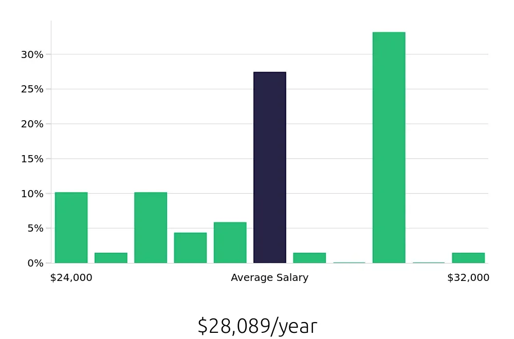 Graph depicting the yearly salary distribution for Team Member jobs in Festus, MO, showing an average salary of $28,089 with varying distribution percentages across salary ranges.