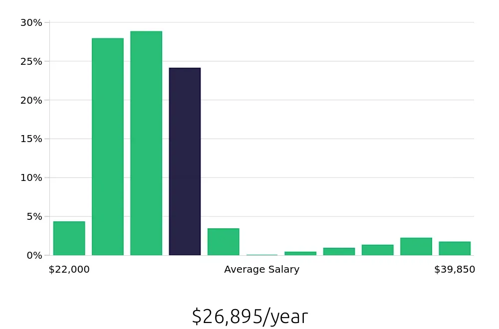 Graph depicting the yearly salary distribution for Team Member jobs in Findlay, OH, showing an average salary of $26,895 with varying distribution percentages across salary ranges.
