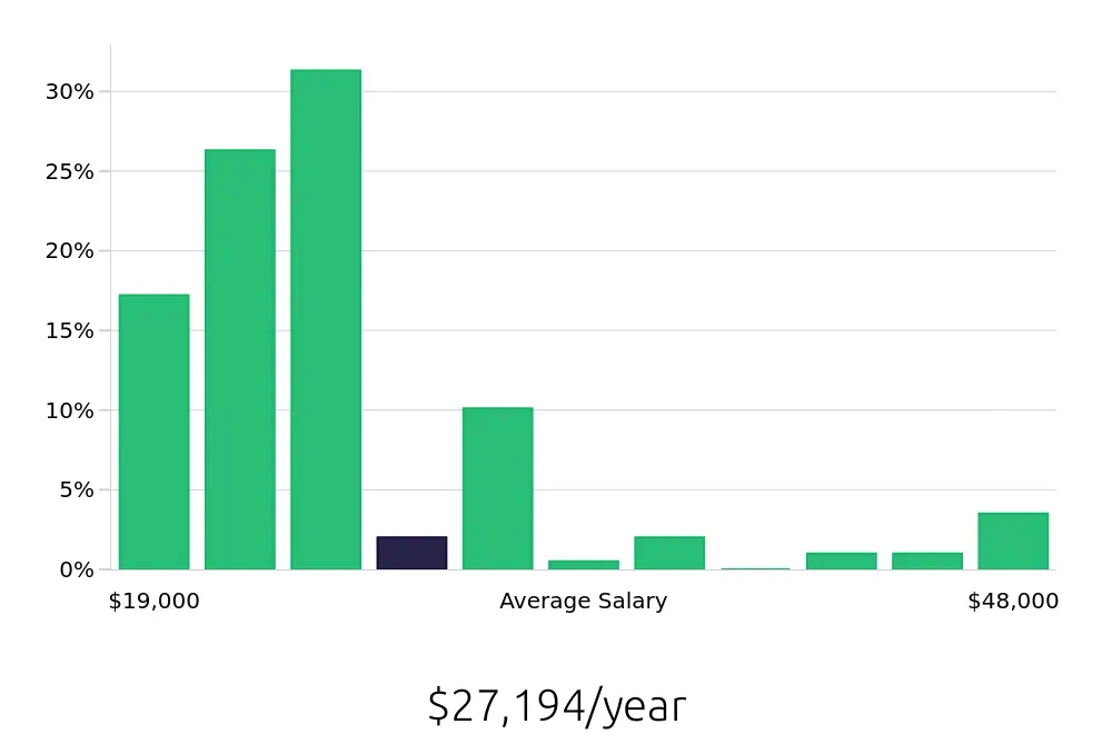 Graph depicting the yearly salary distribution for Team Member jobs in Florence, SC, showing an average salary of $27,194 with varying distribution percentages across salary ranges.