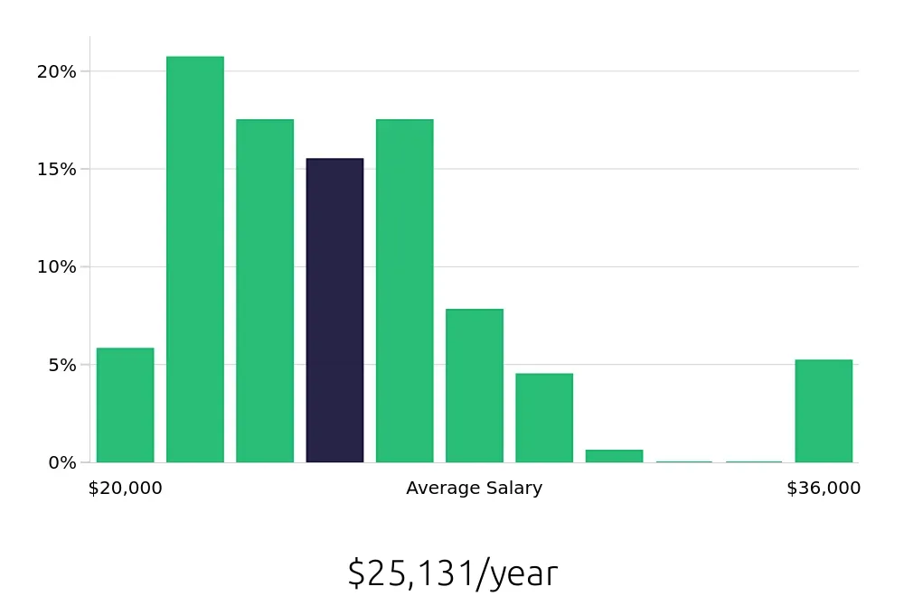 Graph depicting the yearly salary distribution for Team Member jobs in Foley, AL, showing an average salary of $25,131 with varying distribution percentages across salary ranges.