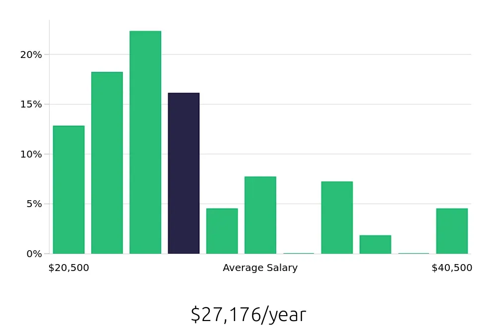 Graph depicting the yearly salary distribution for Team Member jobs in Garland, TX, showing an average salary of $27,176 with varying distribution percentages across salary ranges.