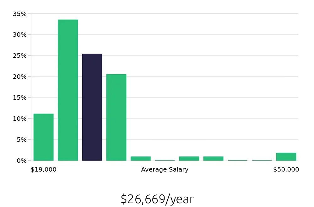 Graph depicting the yearly salary distribution for Team Member jobs in Gastonia, NC, showing an average salary of $26,669 with varying distribution percentages across salary ranges.